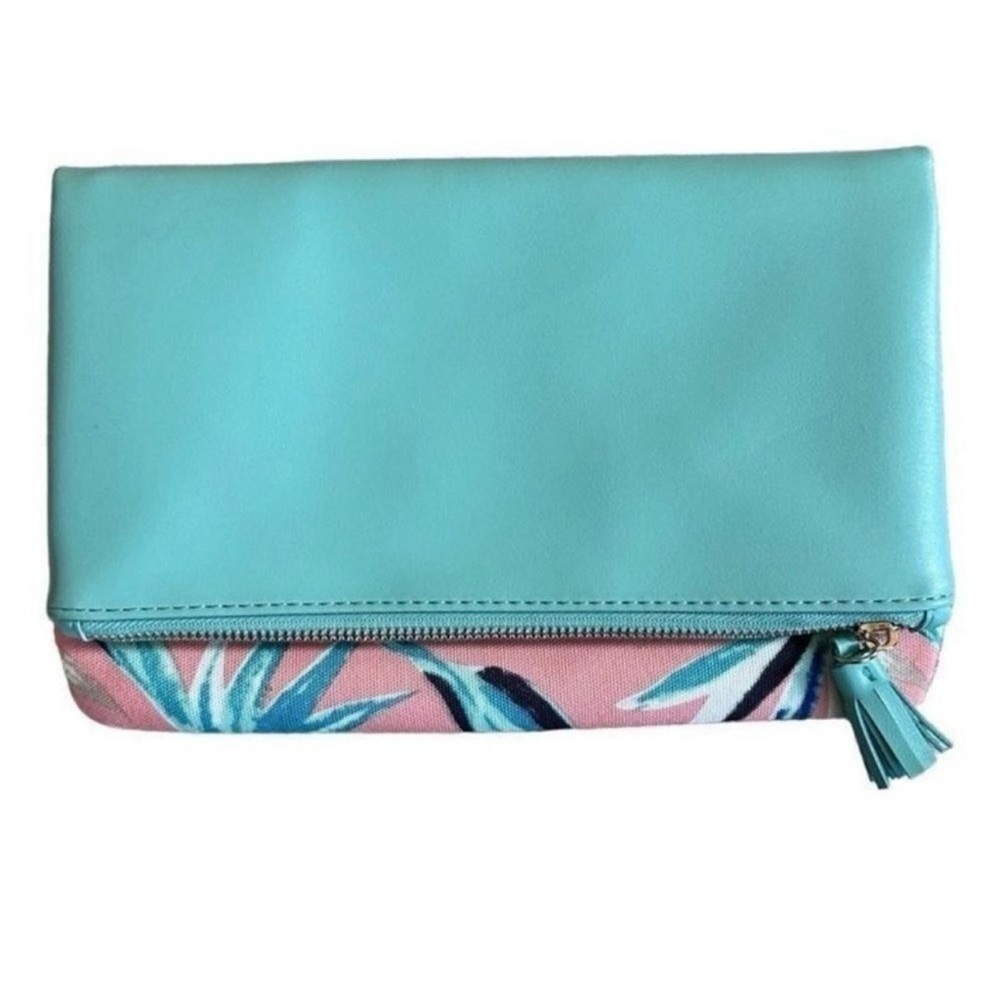 Rachel Pally Teal Pink Tropical Floral Leaf Pattern Reversible Fold Over Clutch